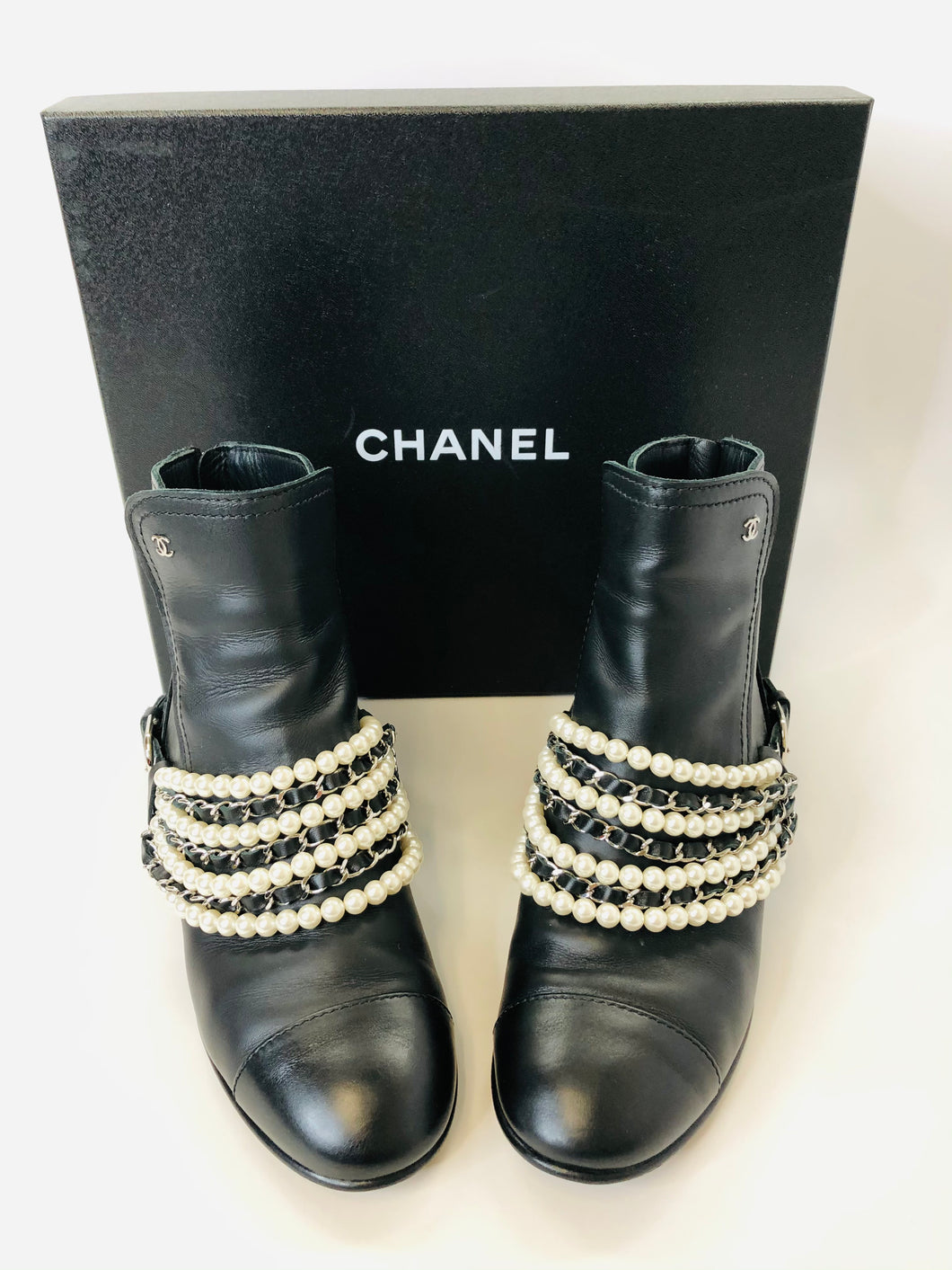 CHANEL Black Calfskin Pearl and Chain Booties Size 37 1/2