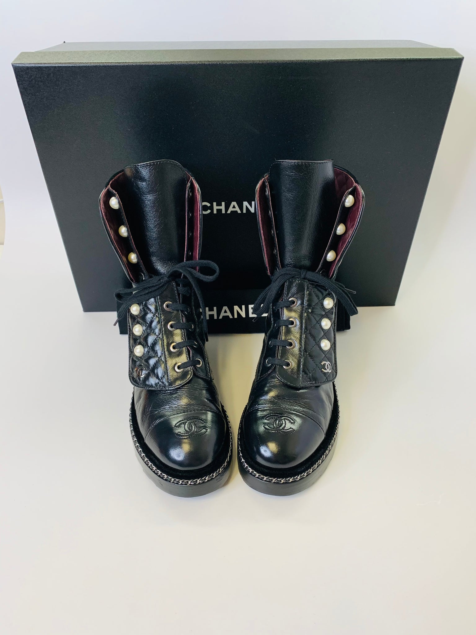 CHANEL Black Leather, Pearl and Silver Chain Combat Boots Size 37