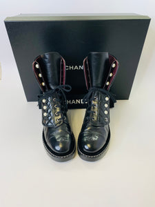 CHANEL Black Leather, Pearl and Silver Chain Combat Boots Size 37 1/2