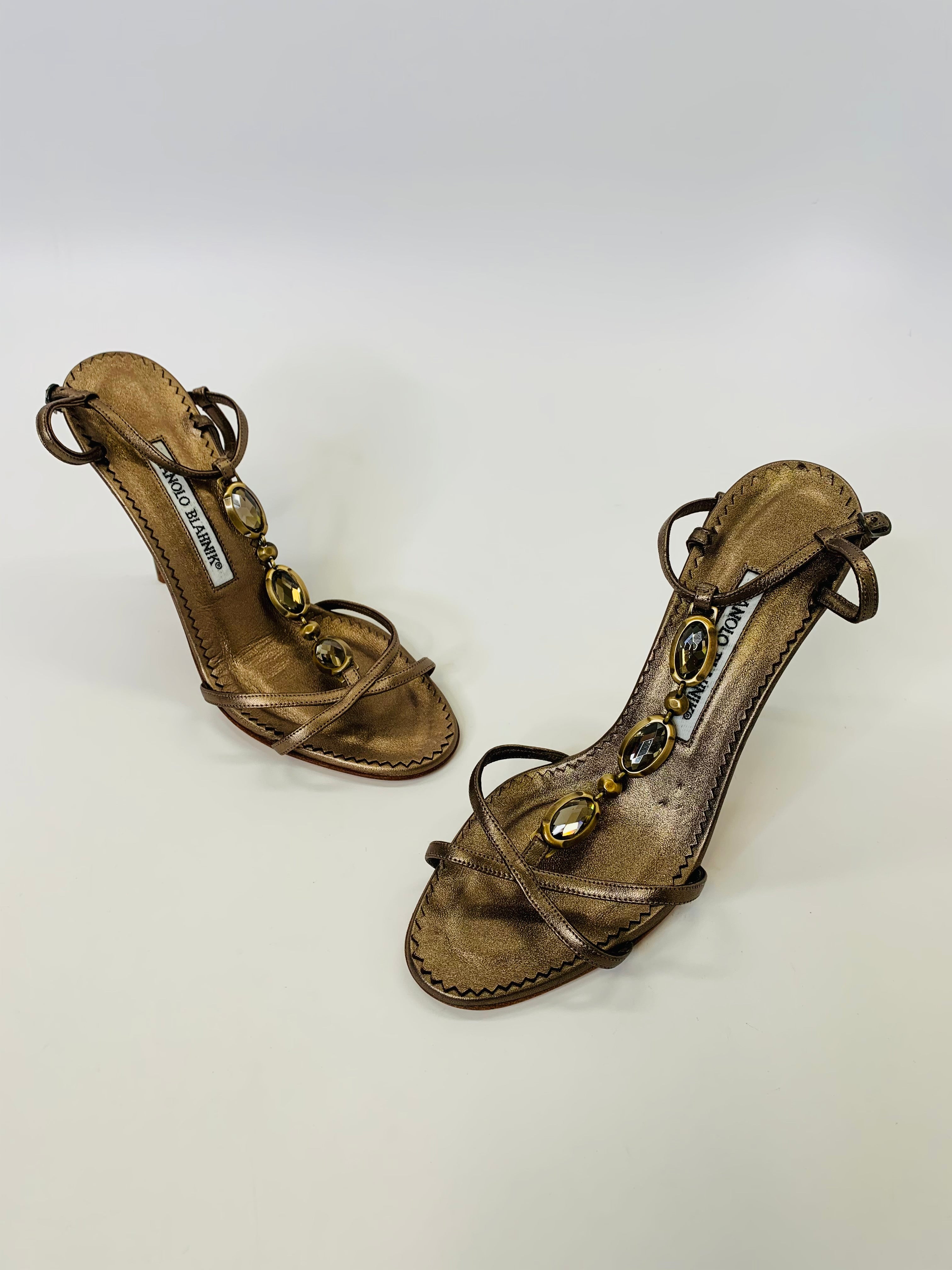Manolo Blahnik Bronze Leather Jeweled Sandals Size 36 1/2 – JDEX