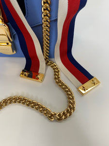 Gucci Sylvie Mini Chain Bag In Blue Leather With Web Stripe