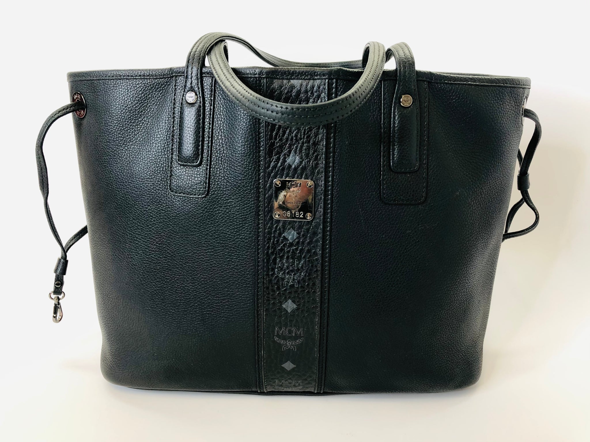 mcm black leather tote bag