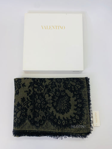 Valentino Garavani Large Green and Black Lace Print Shawl