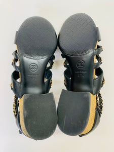 CHANEL Black Leather and Gold Chain Sandals Size 37 1/2