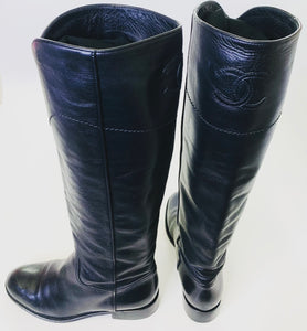 CHANEL Black Leather Riding Boots Size 38 1/2