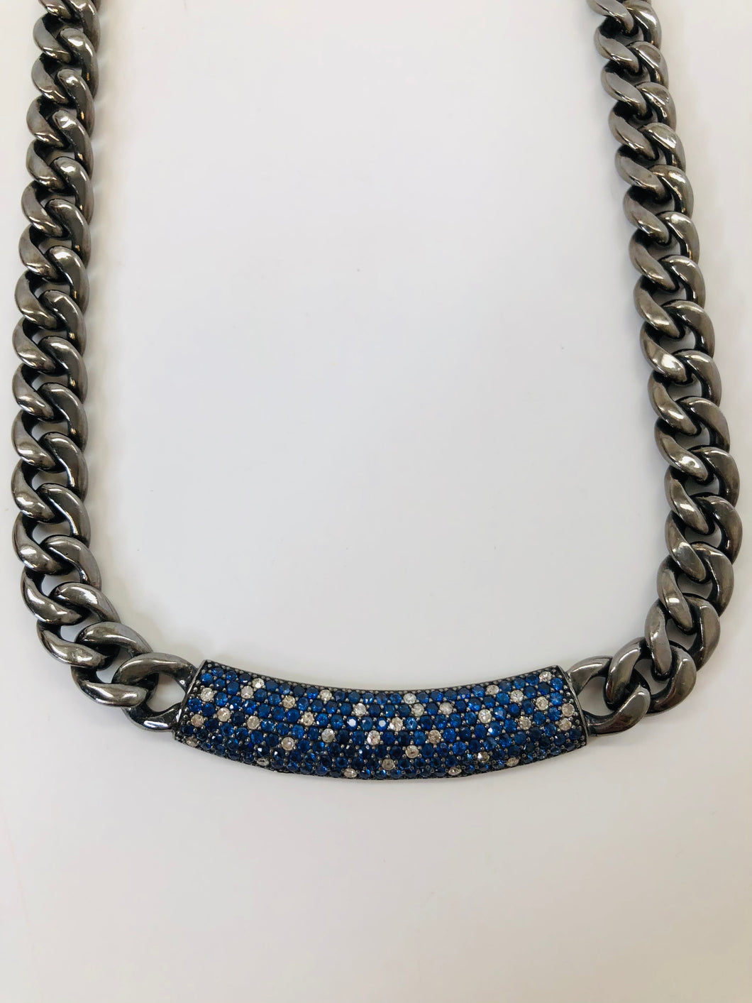 Rainey Elizabeth Blue Sapphire and Diamond Bar Pendant Necklace