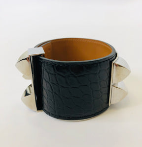 Hermès Black Shiny Alligator and Palladium Plated Collier de Chien Bracelet size Small