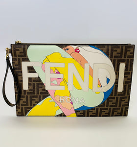 Fendi Baguette Brown Coated Canvas FF Flat Pouch Shoulder Bag