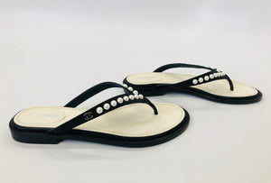 Chanel Beige Metallic Leather Faux Pearl Open Toe Sandals Size 6.5/37 -  Yoogi's Closet