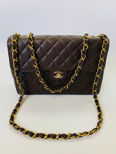 CHANEL Vintage Brown Caviar Leather Large Classic Single Flap Bag