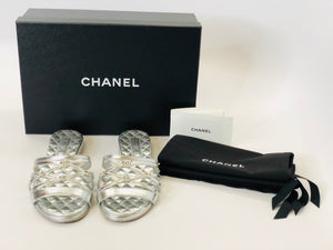 CHANEL Silver Strappy Flat Sandals Size 37 1/2
