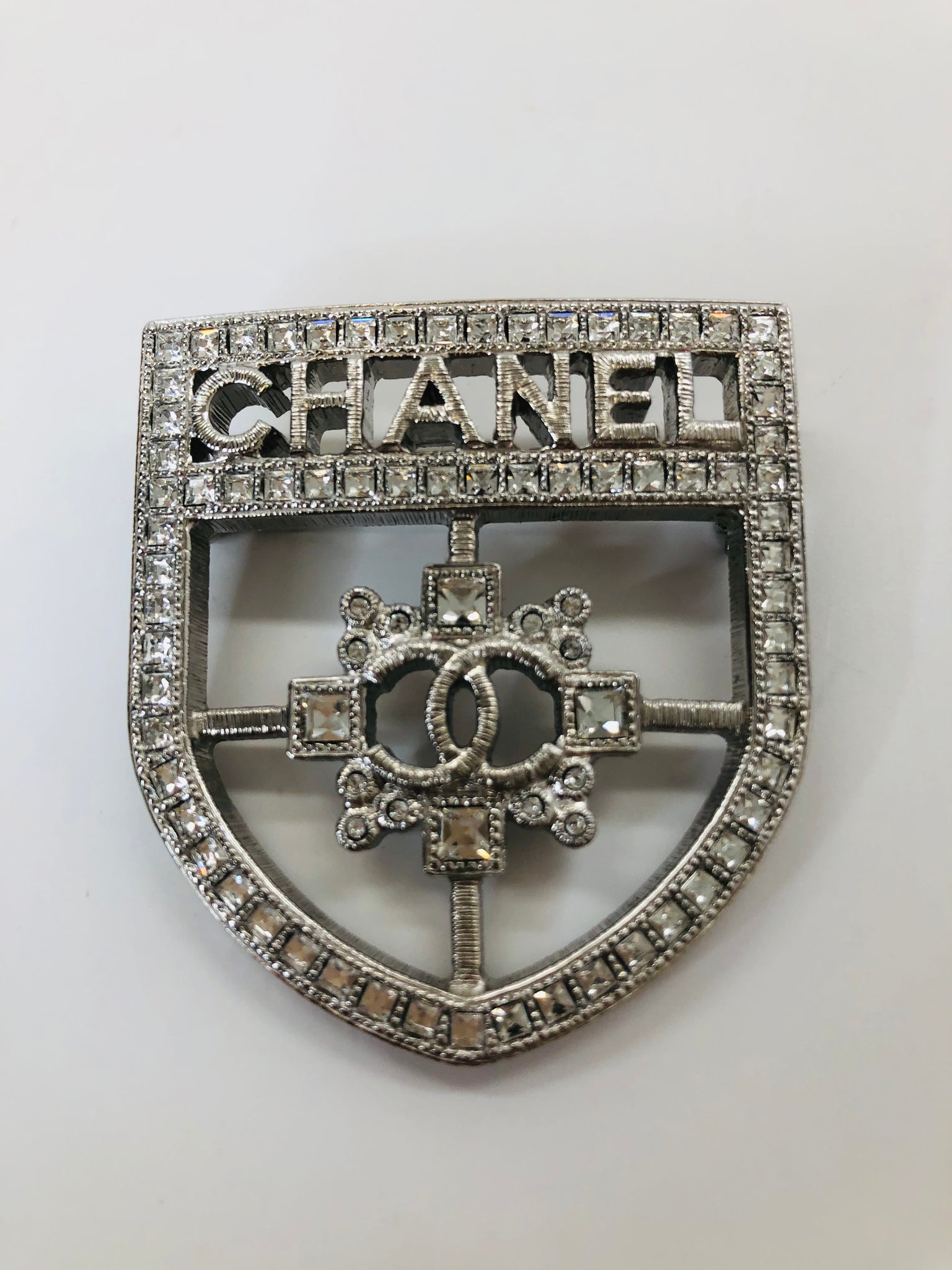 CHANEL Silver and Crystal CC Shield Brooch – JDEX Styles