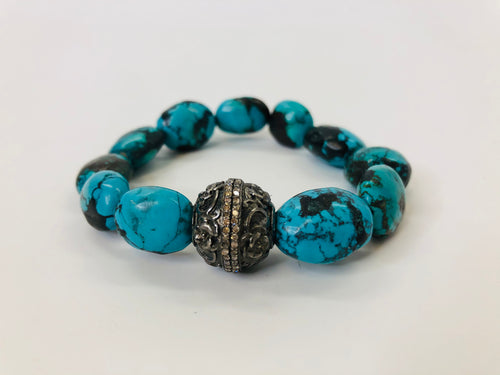 Rainey Elizabeth Turquoise and Pave Diamond Flower Bead Bracelet