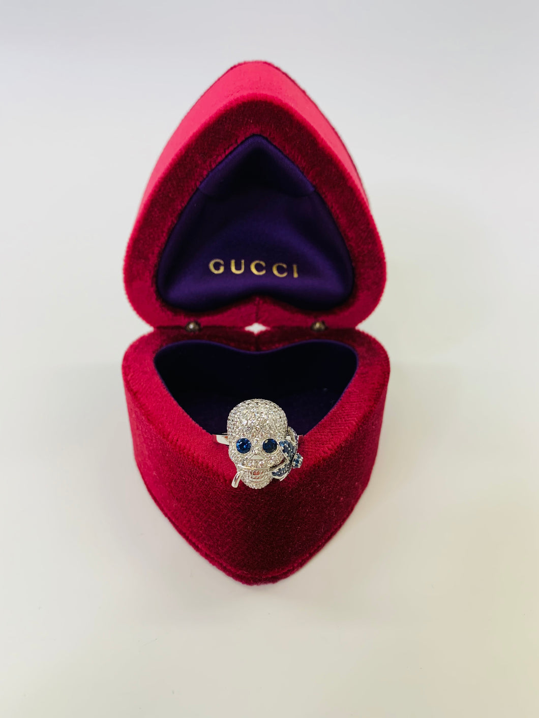 Gucci 18K White Gold, Diamond and Sapphire Skull Ring Size 6