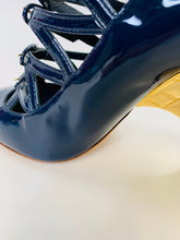 Load image into Gallery viewer, CHANEL Navy Blue Patent Leather and Gold Pumps size 38 1/2