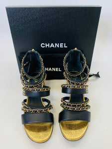 CHANEL Black Leather and Gold Chain Sandals Size 37 1/2