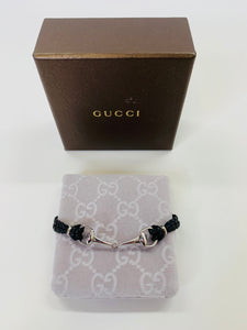 Gucci Sterling Silver and Black Leather Horsebit Bracelet