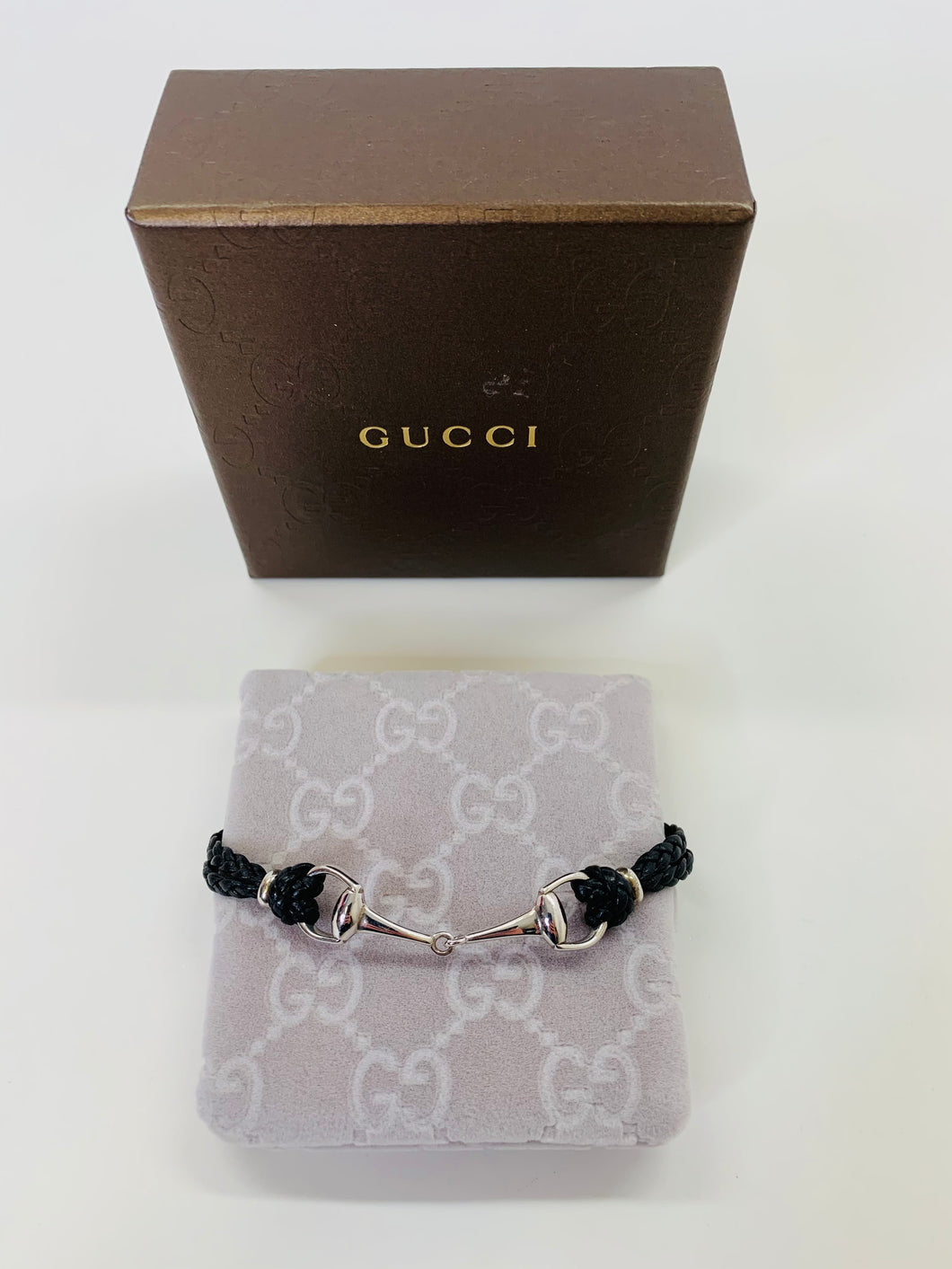 Gucci Sterling Silver and Black Leather Horsebit Bracelet