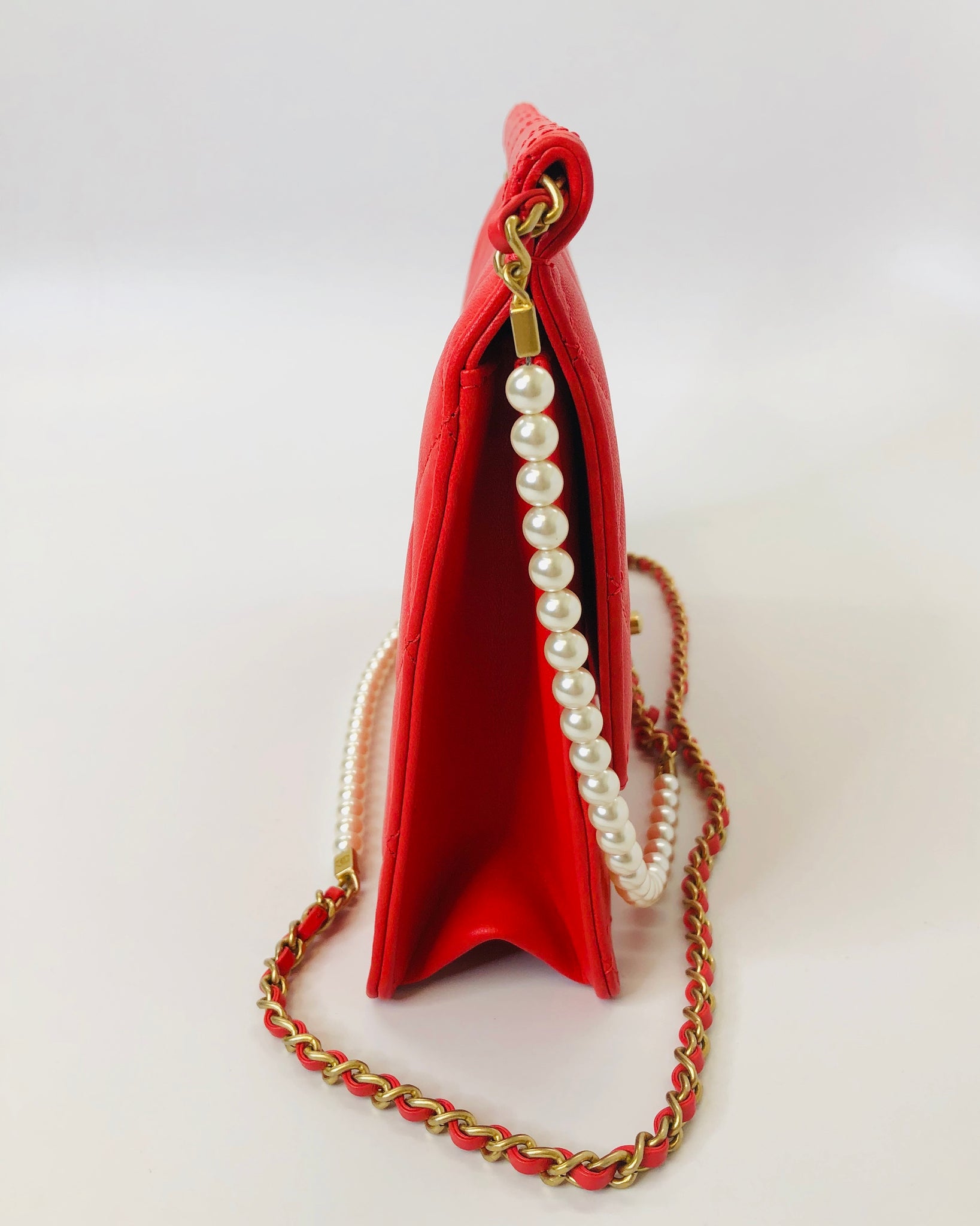 CHANEL Red Quilted Leather Flap Bag with Pearl and Chain Strap