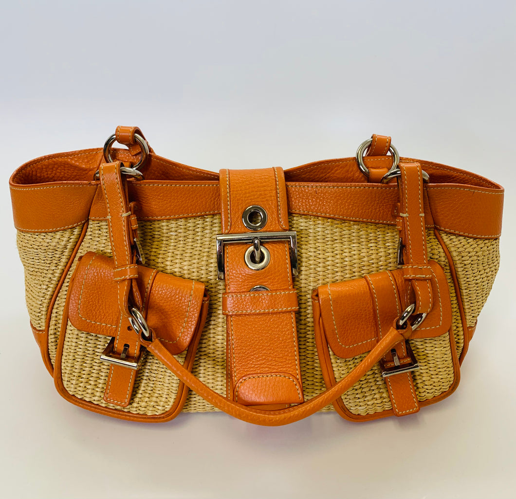 Prada Orange Leather and Raffia Tote Bag