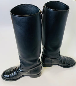 CHANEL Black Leather Tall Boots With CC Toes Size 38