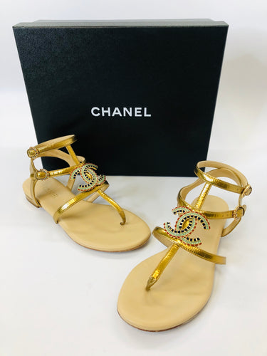 CHANEL Laminated Lambskin CC Thong Sandals size 37 1/2