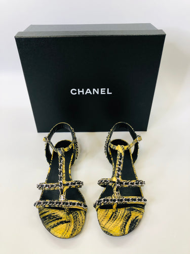 CHANEL Yellow And Black Python With Silver Chain CC Thong Sandals Size 37 1/2