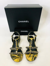 Load image into Gallery viewer, CHANEL Yellow And Black Python With Silver Chain CC Thong Sandals Size 37 1/2