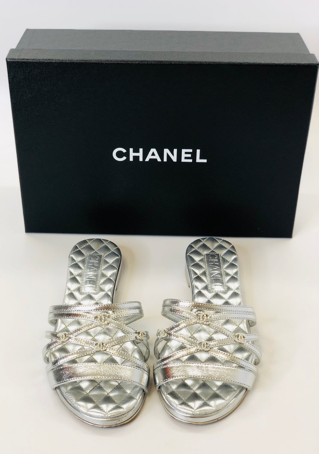 CHANEL Silver Strappy Flat Sandals Size 37 1/2