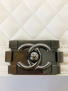 CHANEL White Quilted Calfskin and Silver Tone Metal Medium Boy Bag