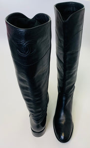 CHANEL Black Leather Riding Boots Size 38 1/2