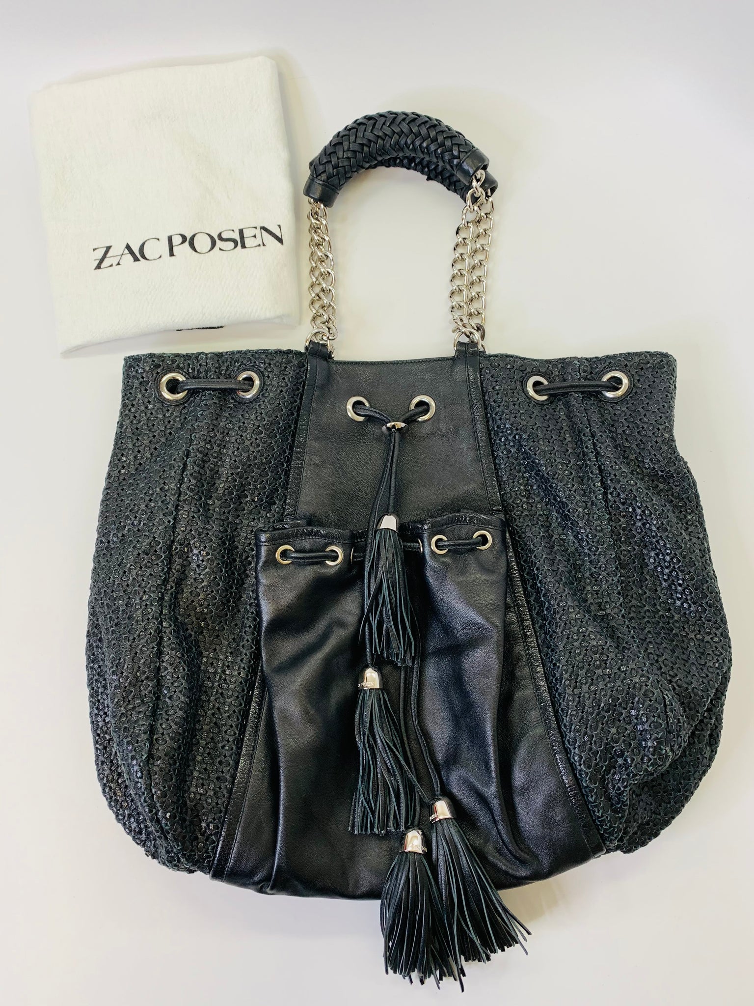 ZAC POSEN Large Shirley Bow Black Leather Tote Bag Sachel Purse Read Details