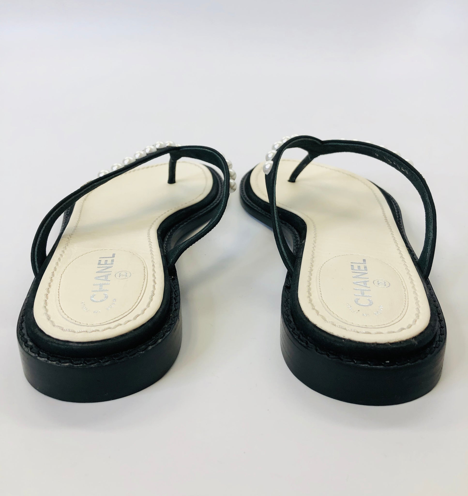 CHANEL Black and Ivory Leather Pearl Thong Sandals Size 37 1/2 C – JDEX  Styles