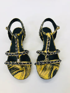 CHANEL Yellow And Black Python With Silver Chain CC Thong Sandals