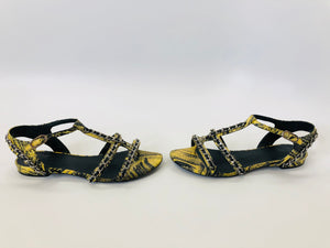 CHANEL Yellow And Black Python With Silver Chain CC Thong Sandals Size 37 1/2