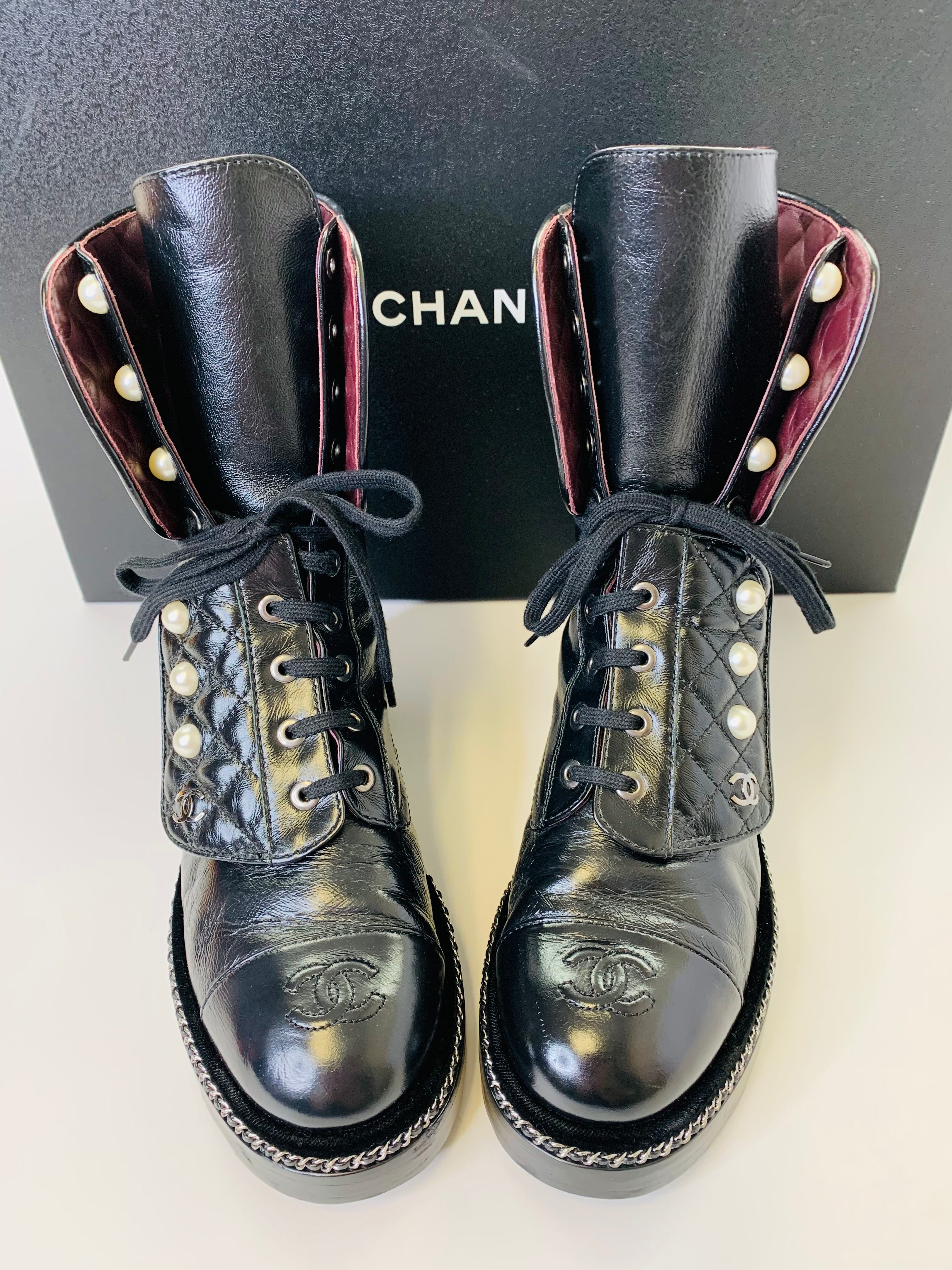 Chanel Silver/Black Aged Calfskin CC Lace Up Combat Boots Sz 36c