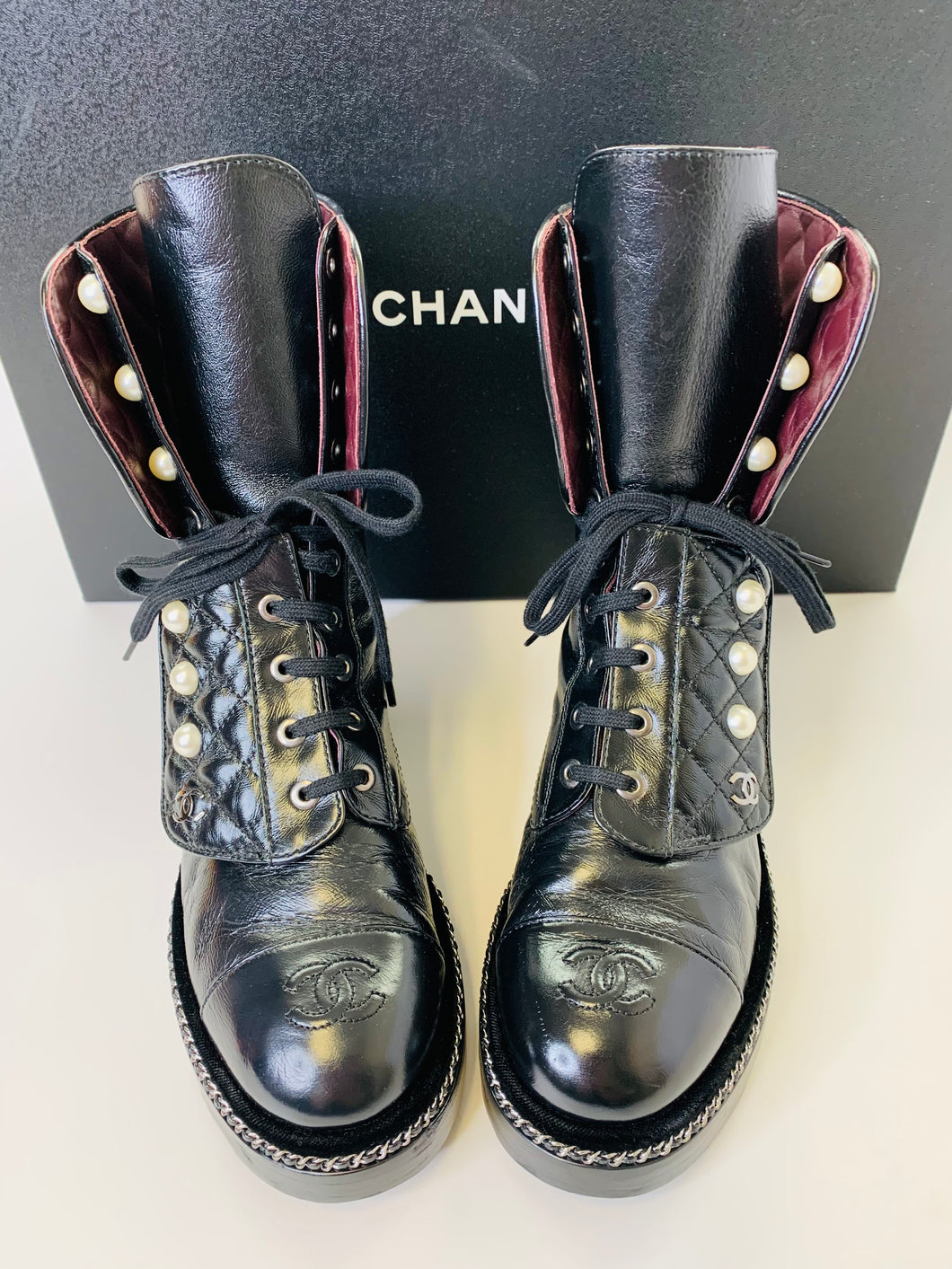 CHANEL Gray Leather Fold Over Boots Size 38